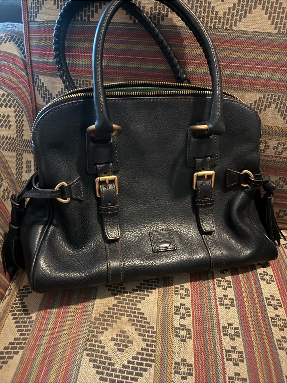 Vintage Dooney & Bourke Black Leather Satchel with Brass Hardware